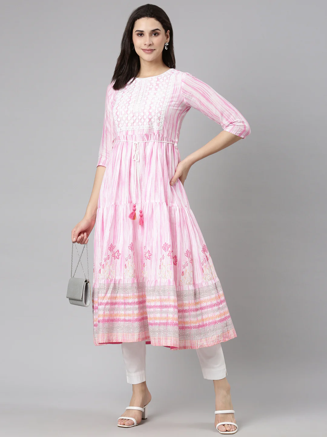 Neerus Pink Flounce Casual Floral Fit and Flare Dresses - Image 5