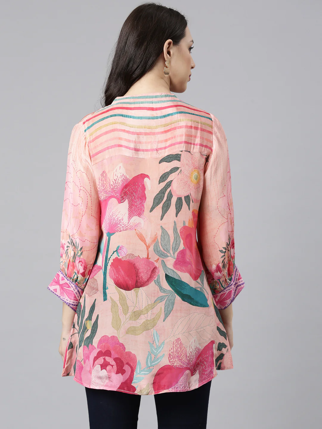 Neerus Pink High-Low Casual Printed Straight Kurtis - Image 3