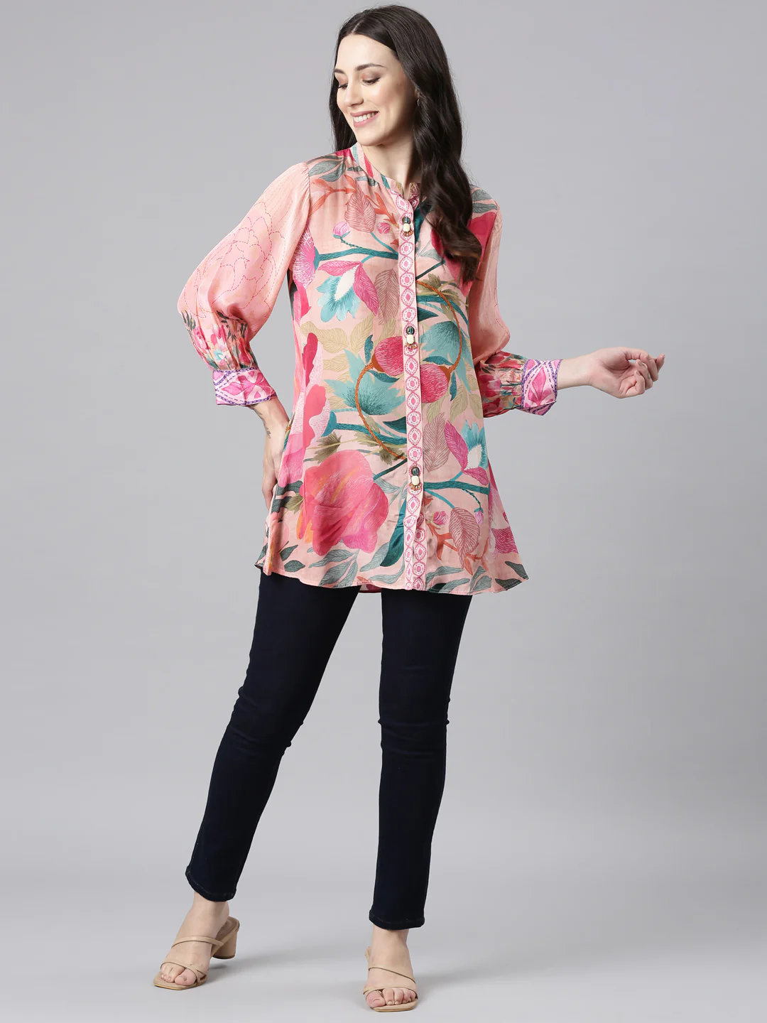 Neerus Pink High-Low Casual Printed Straight Kurtis - Image 5