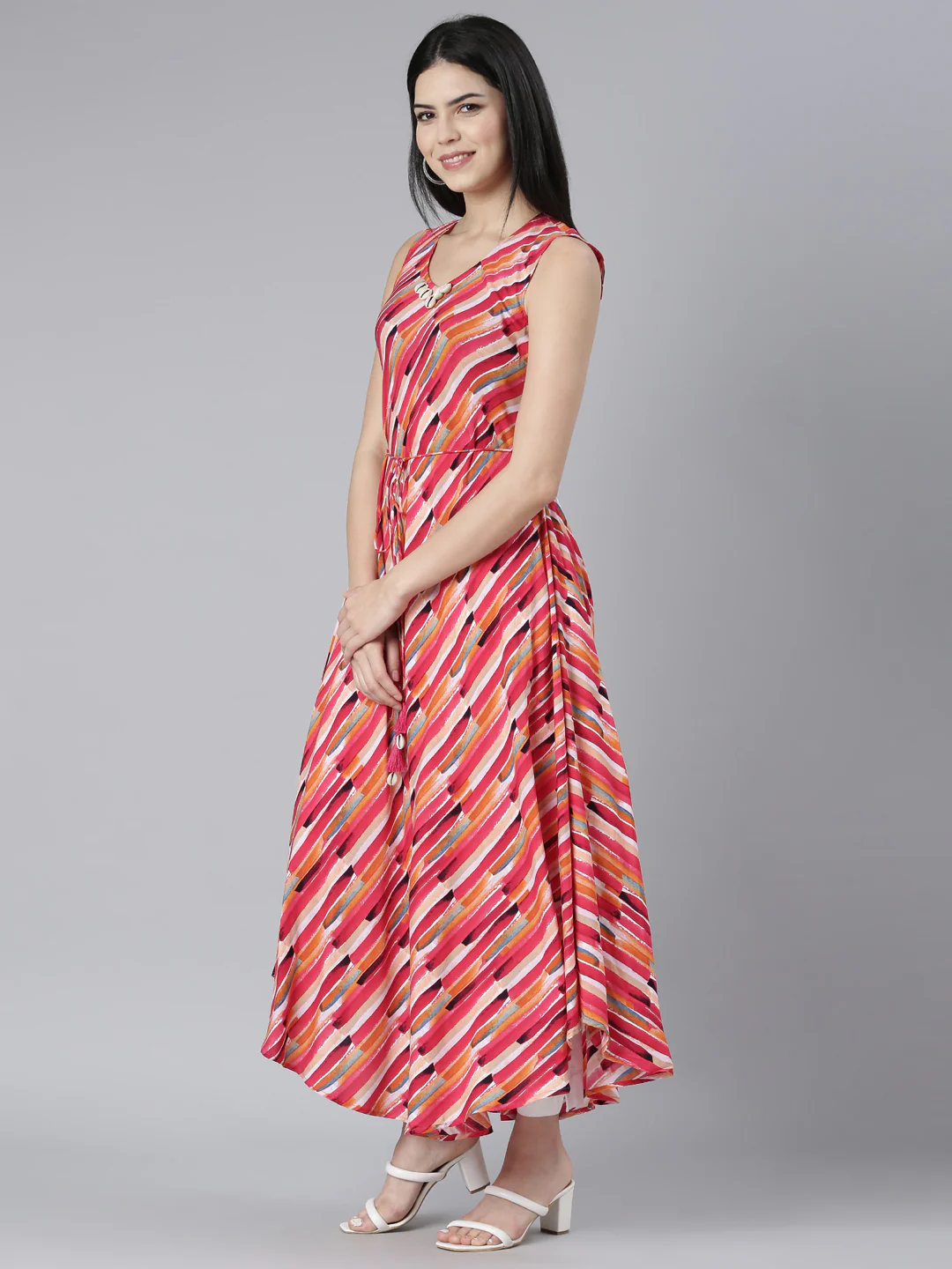 Neerus Pink High-Low Casual Striped Fit and Flare Dresses - Image 2