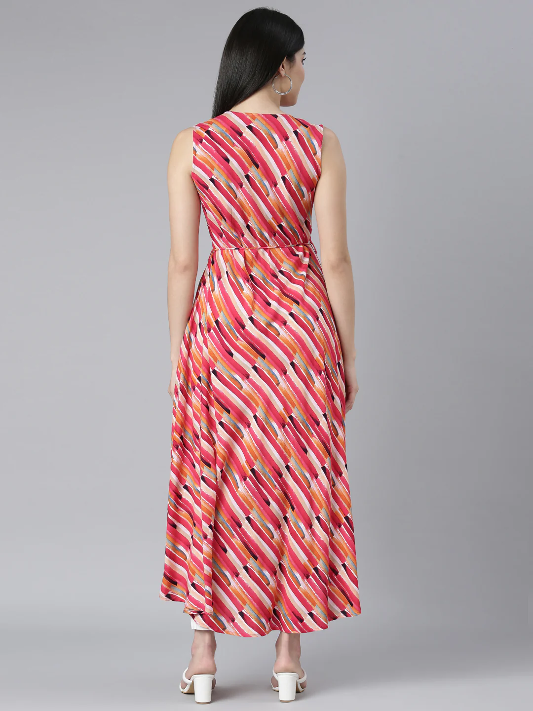 Neerus Pink High-Low Casual Striped Fit and Flare Dresses - Image 3