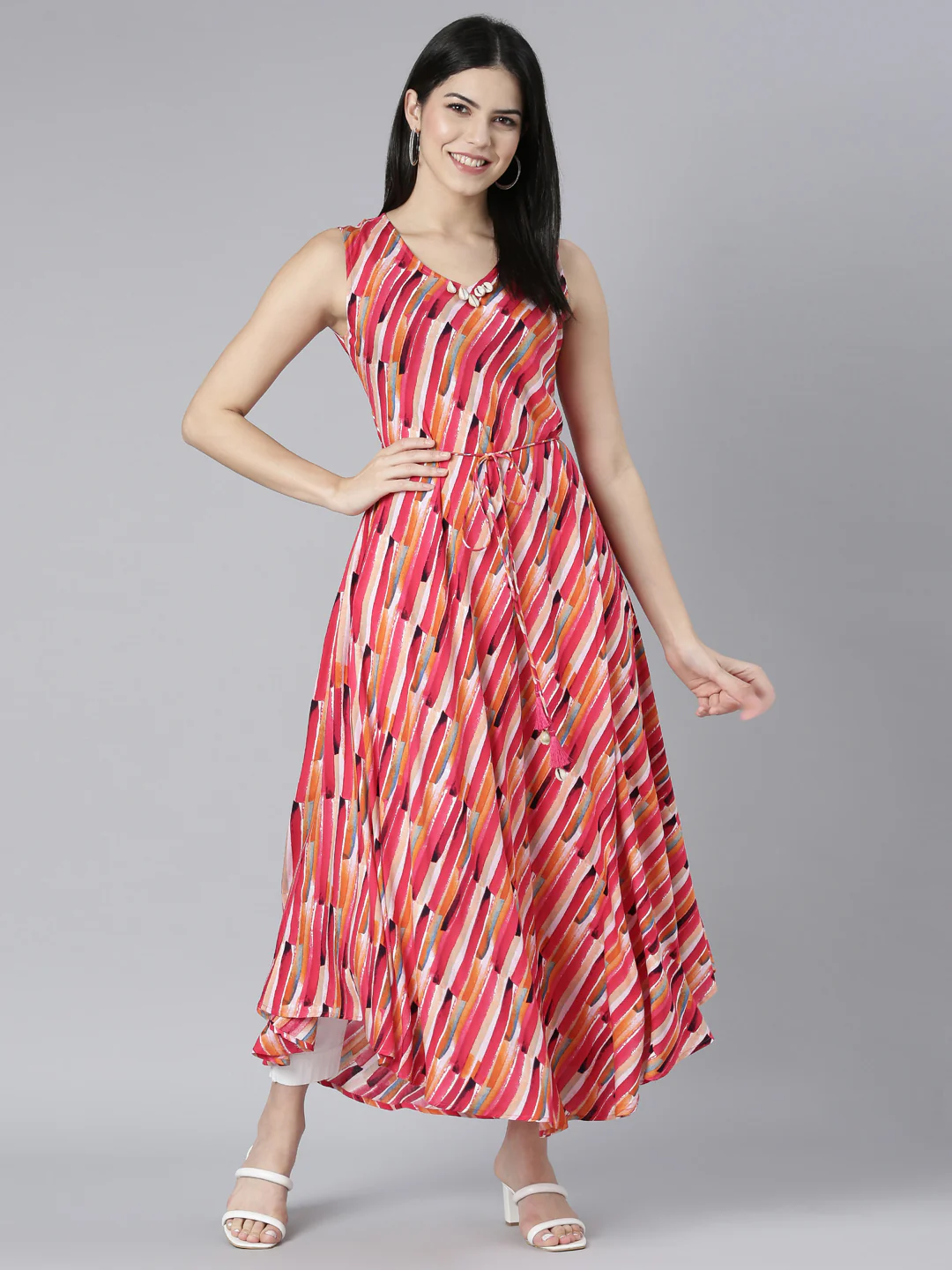 Neerus Pink High-Low Casual Striped Fit and Flare Dresses - Image 5