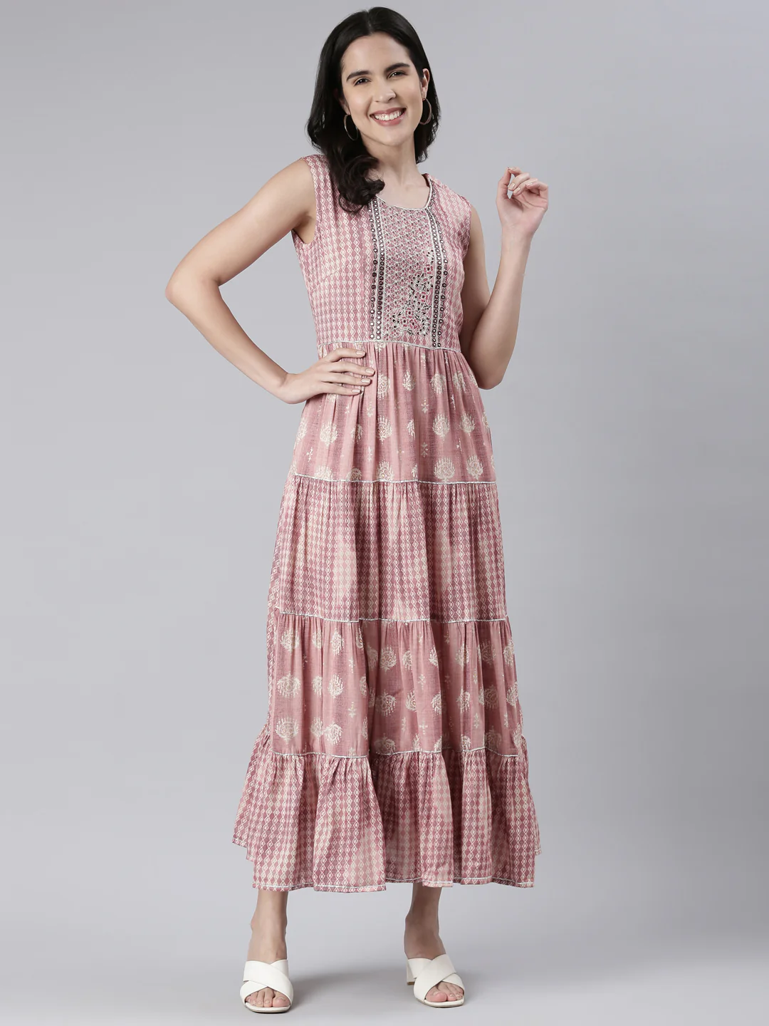 Neerus Pink Maxi Casual Printed Dresses - Image 5