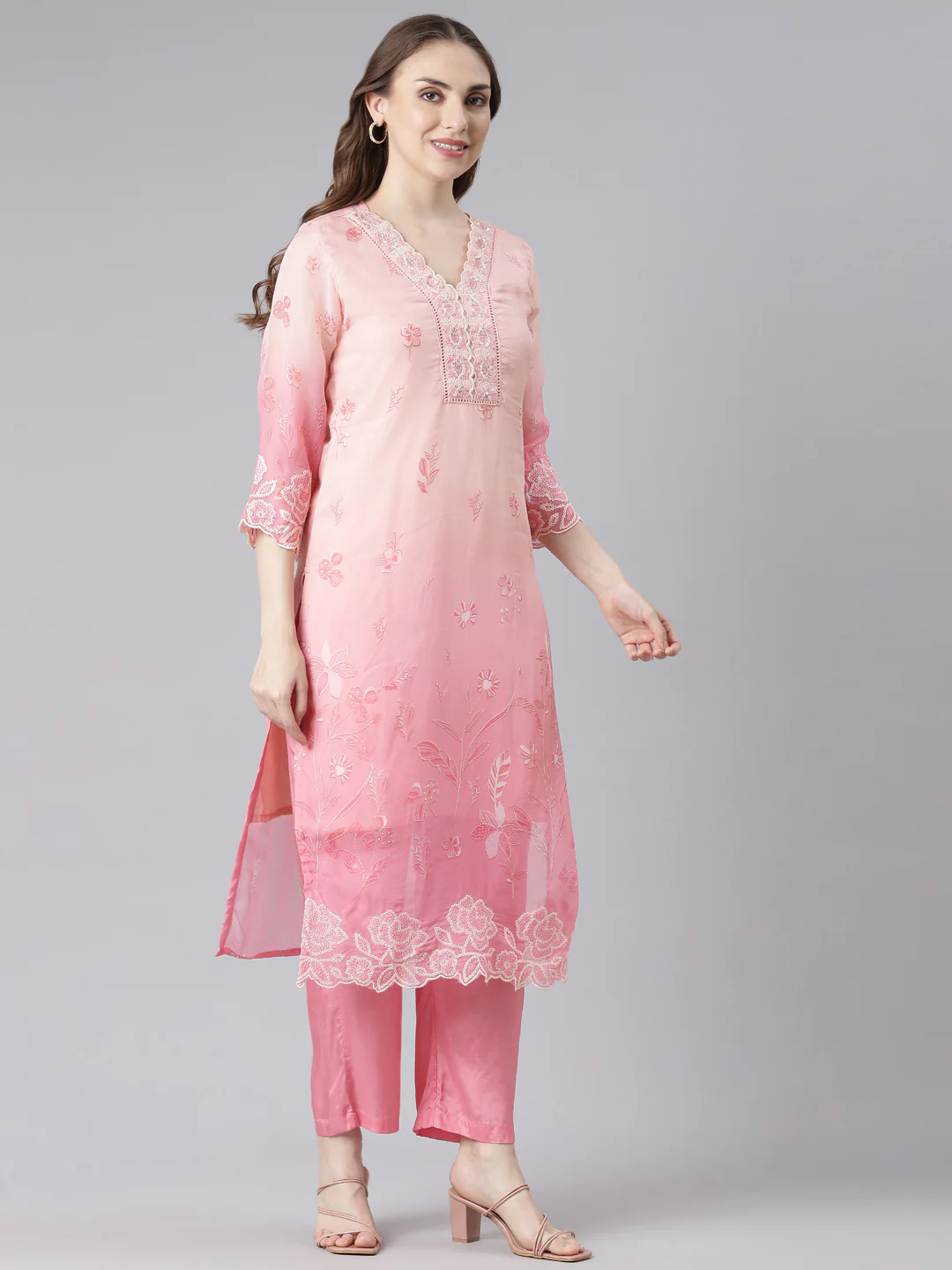 Neerus Pink Organza Straight Casual Floral Kurta and Trouser with Dupatta - Image 3
