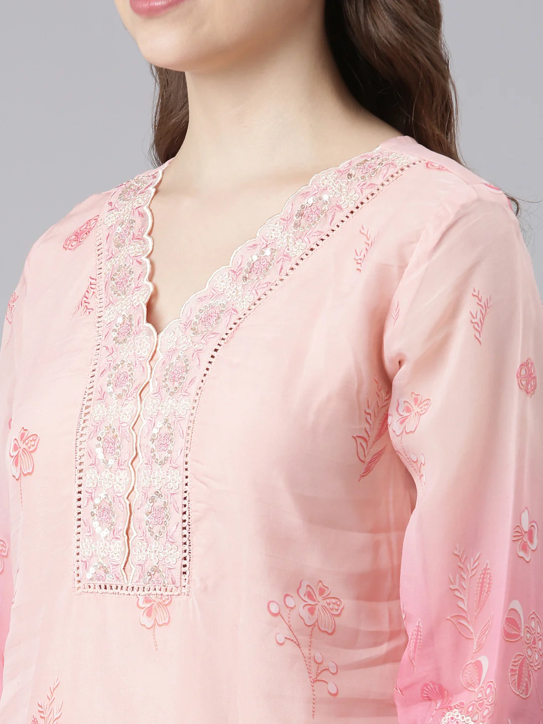 Neerus Pink Organza Straight Casual Floral Kurta and Trouser with Dupatta - Image 5
