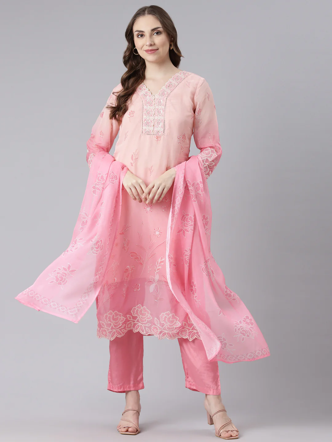 Neerus Pink Organza Straight Casual Floral Kurta and Trouser with Dupatta - Image 6