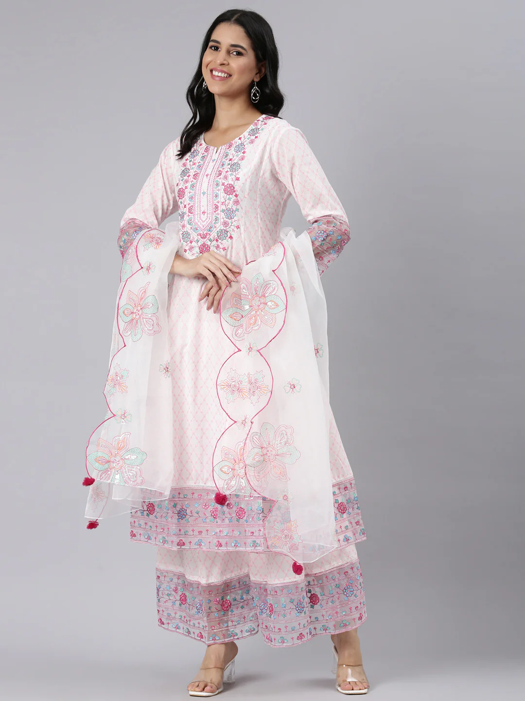 Neerus Pink Panelled Curved Printed Kurta and Palazzos With Dupatta - Image 5