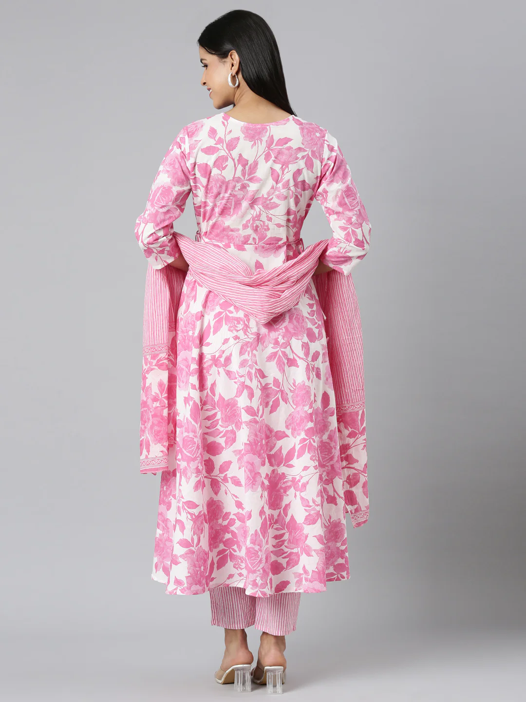 Neerus Pink Panelled Curved Printed Kurta and Trousers With Dupatta - Image 3