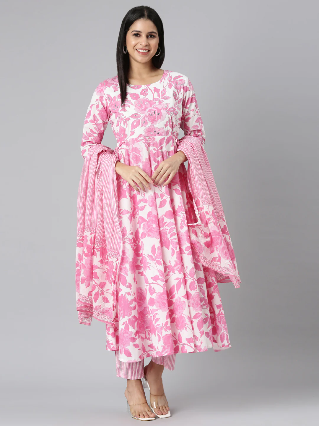 Neerus Pink Panelled Curved Printed Kurta and Trousers With Dupatta - Image 5