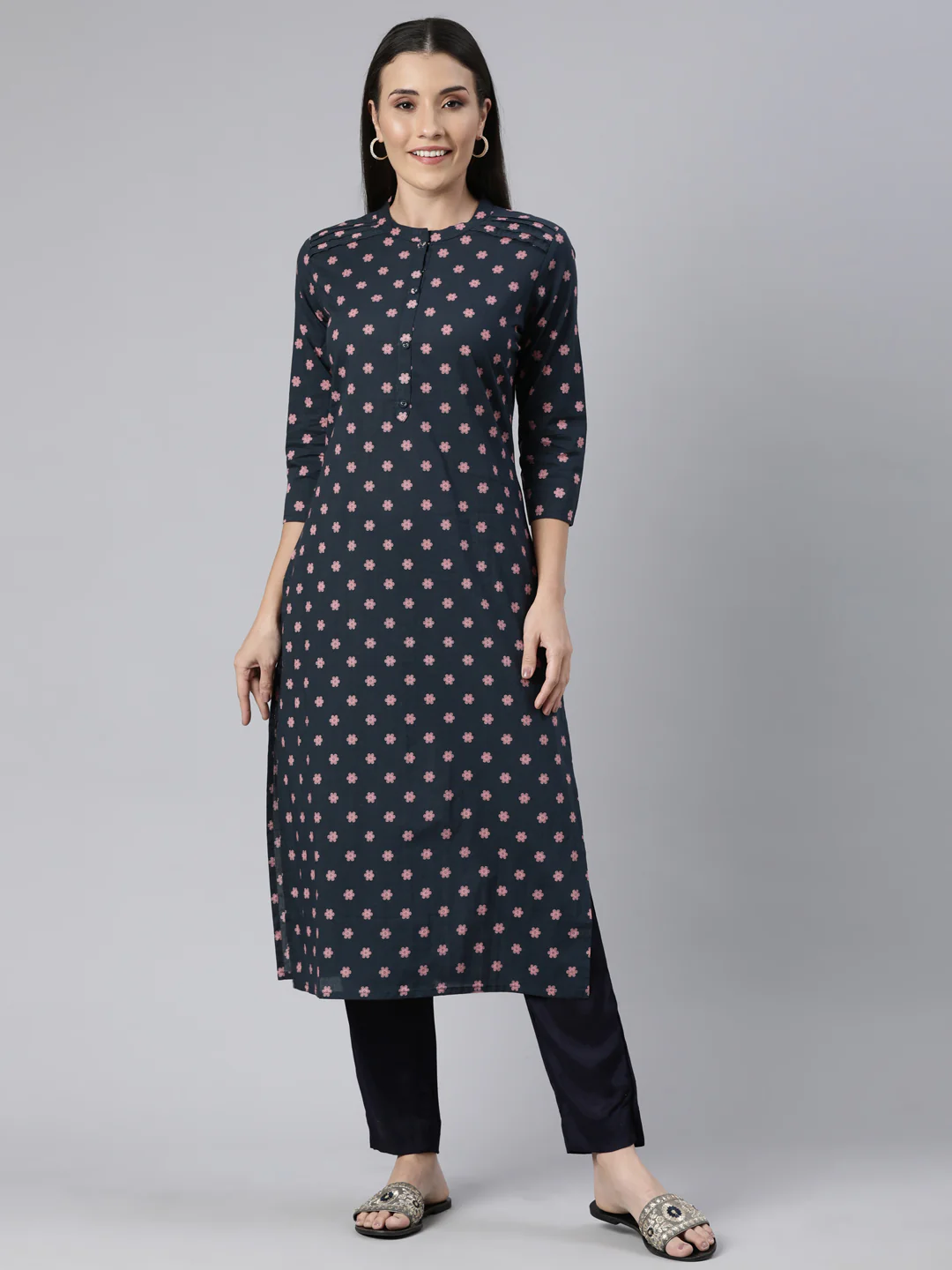 Neerus Pink Panelled Straight Floral Kurta