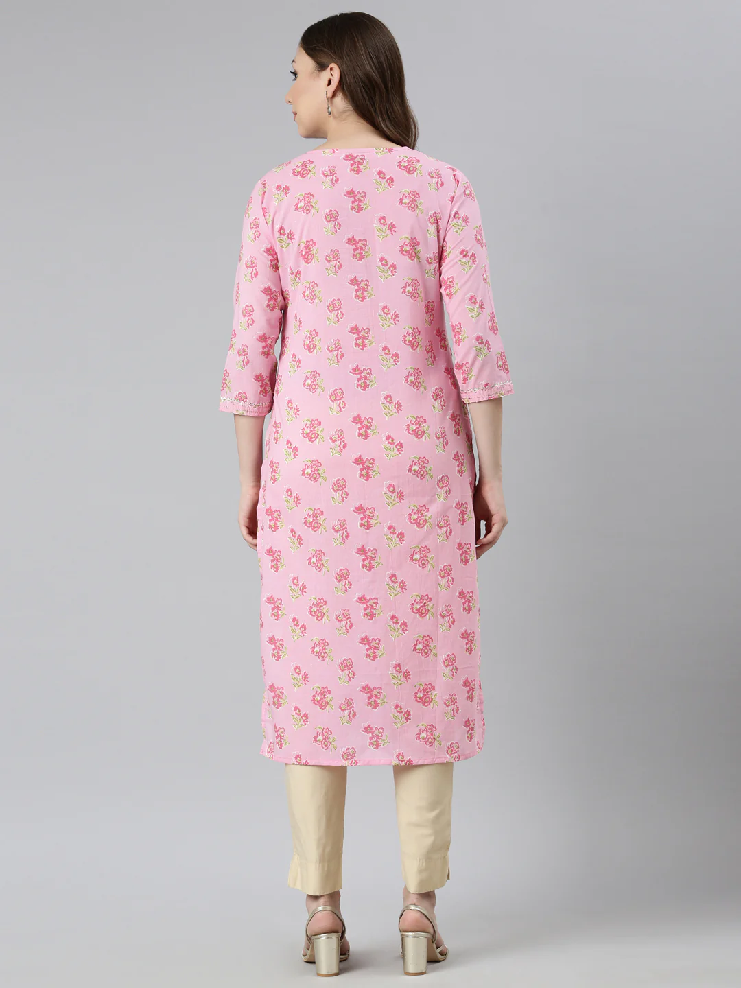 Neerus Pink Panelled Straight Floral Kurta - Image 3