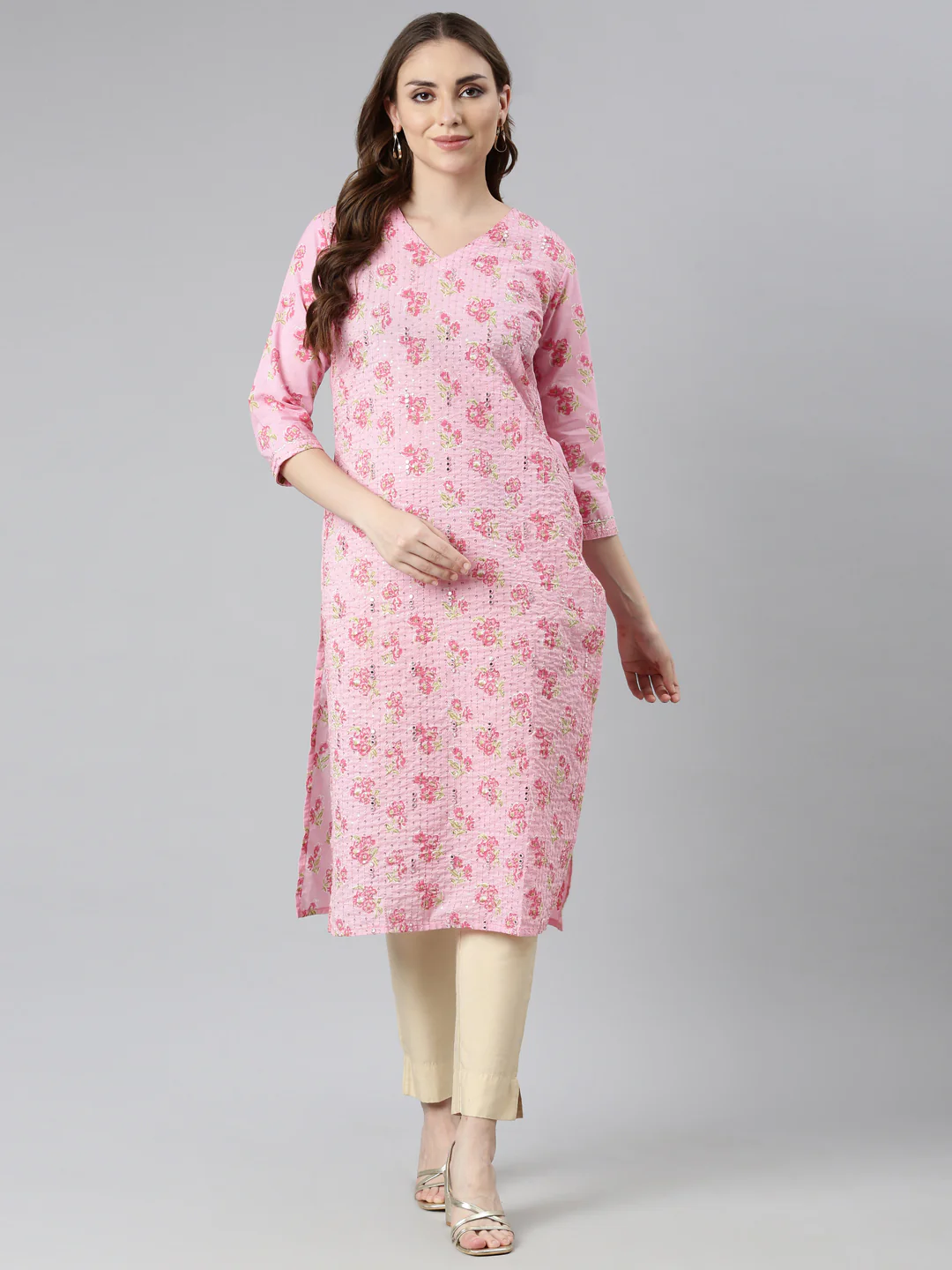 Neerus Pink Panelled Straight Floral Kurta - Image 4