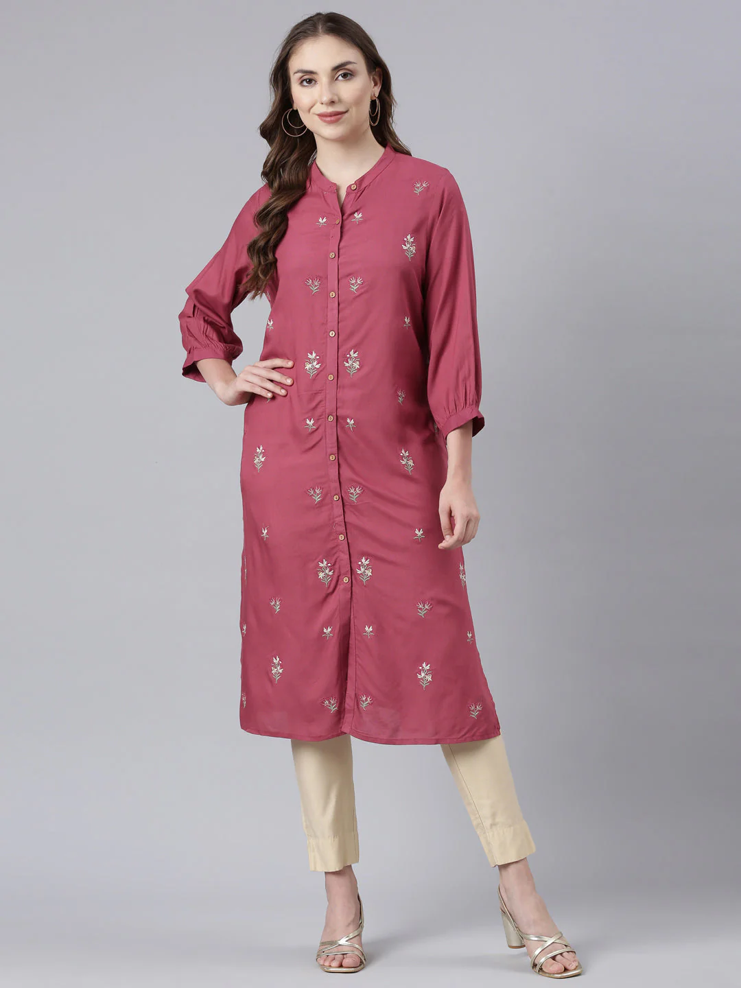 Neerus Pink Panelled Straight Floral Kurta - Image 6