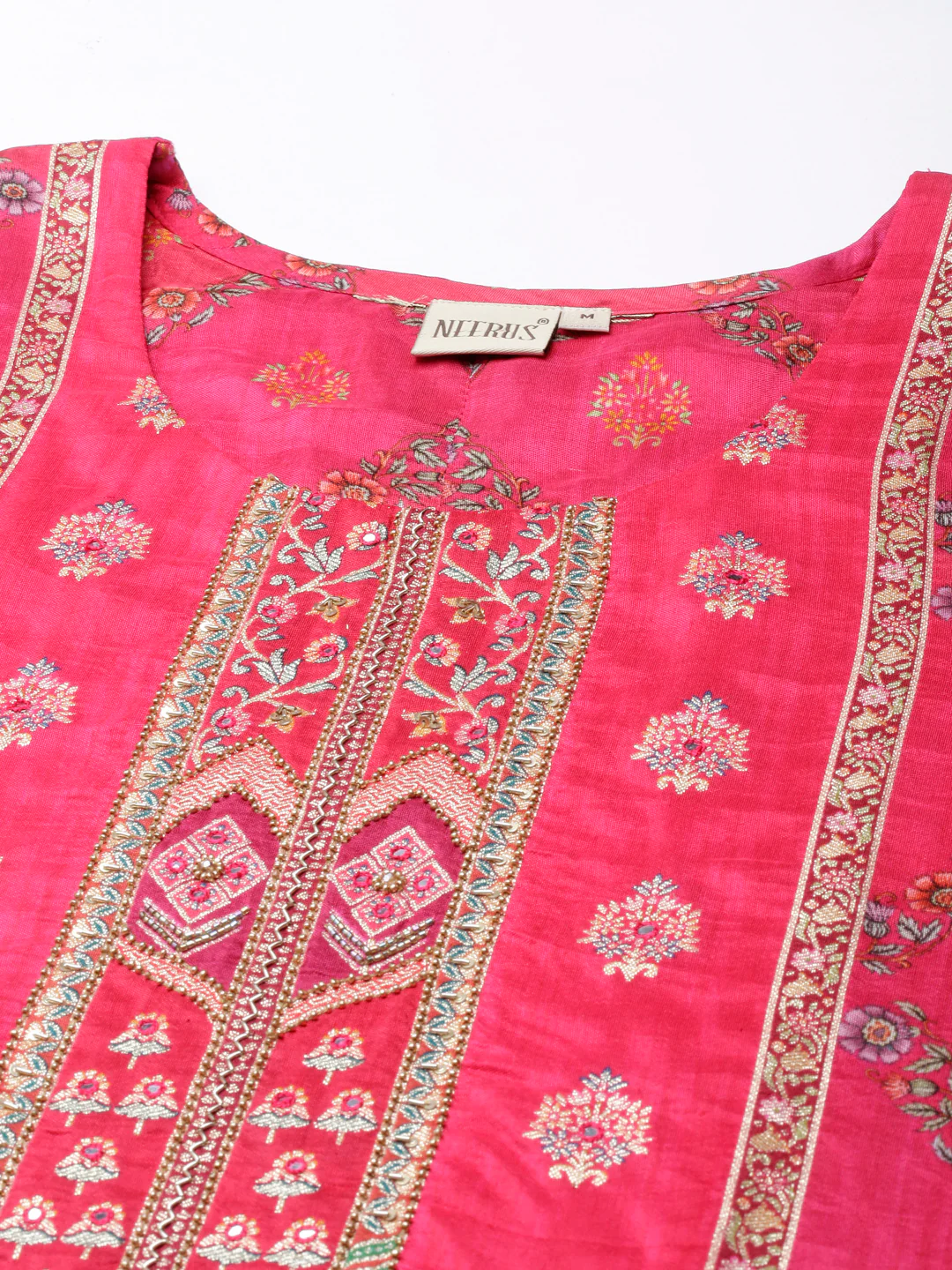 Neerus Pink Panelled Straight Kurta and Trousers With Dupatta - Image 4