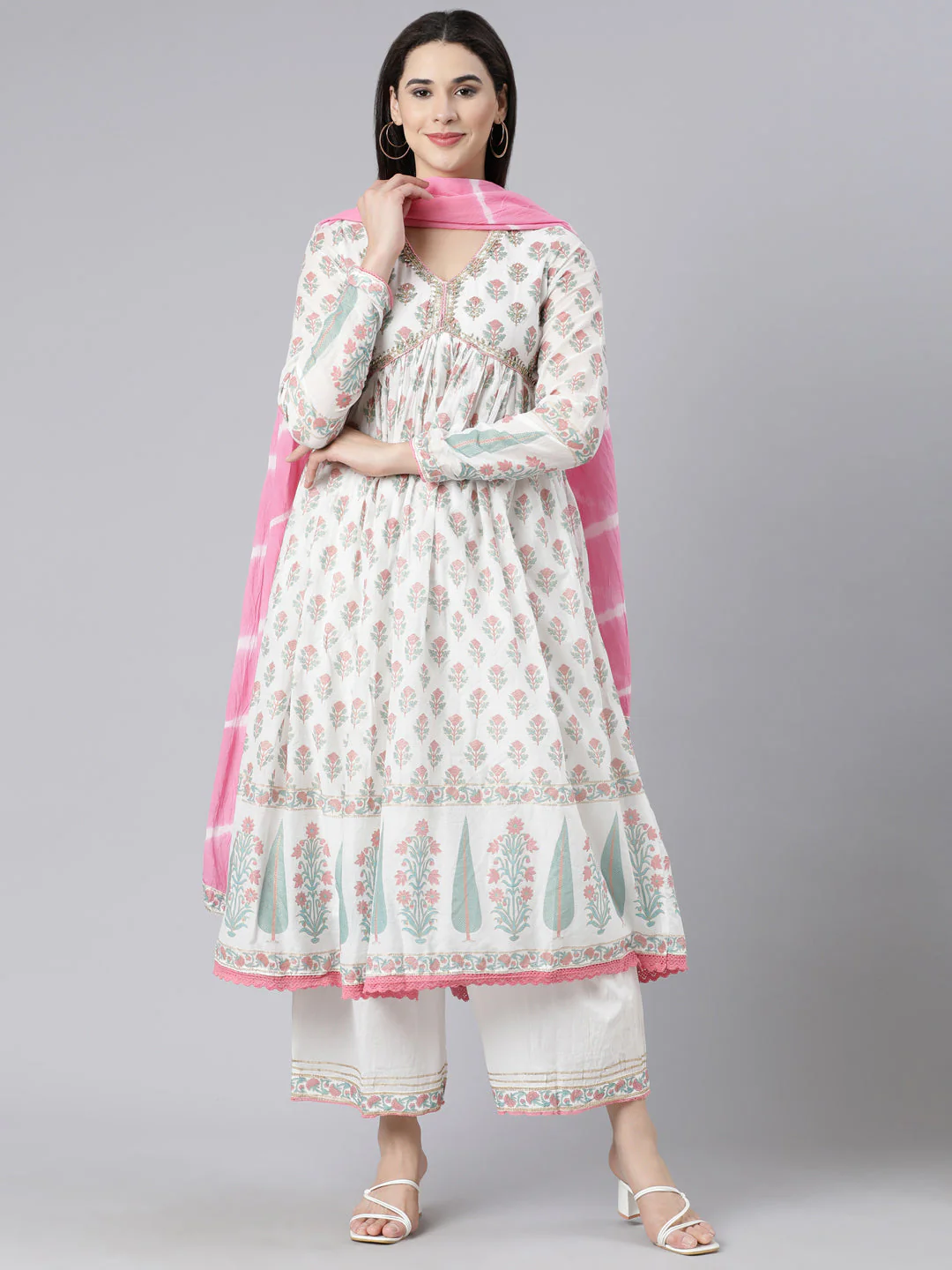 Neerus Pink Panelled Printed Kurta And Palazzos With Dupatta