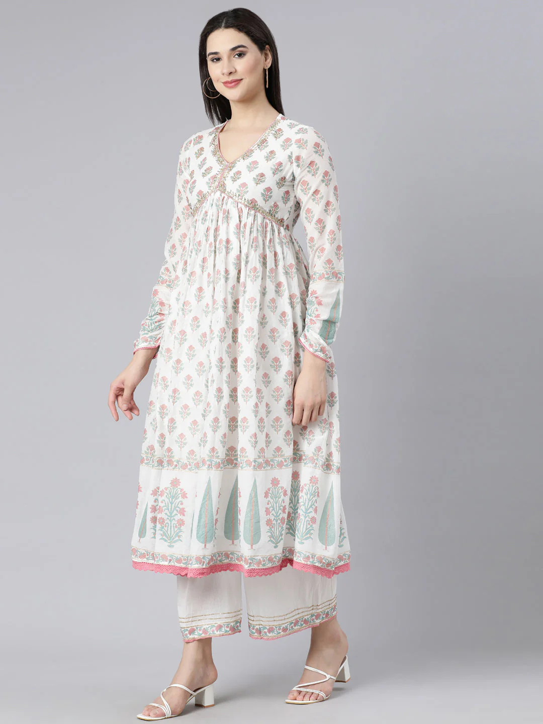 Neerus Pink Panelled Printed Kurta And Palazzos With Dupatta - Image 2