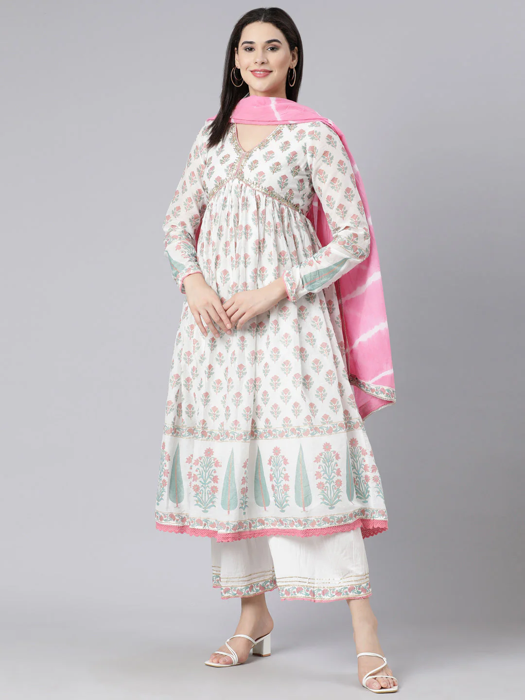 Neerus Pink Panelled Printed Kurta And Palazzos With Dupatta - Image 6