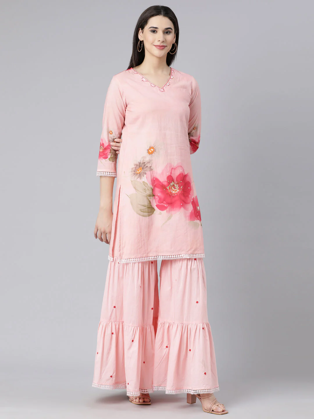 Neerus Pink Panelled Straight Printed Kurta And Sharara With Dupatta - Image 3