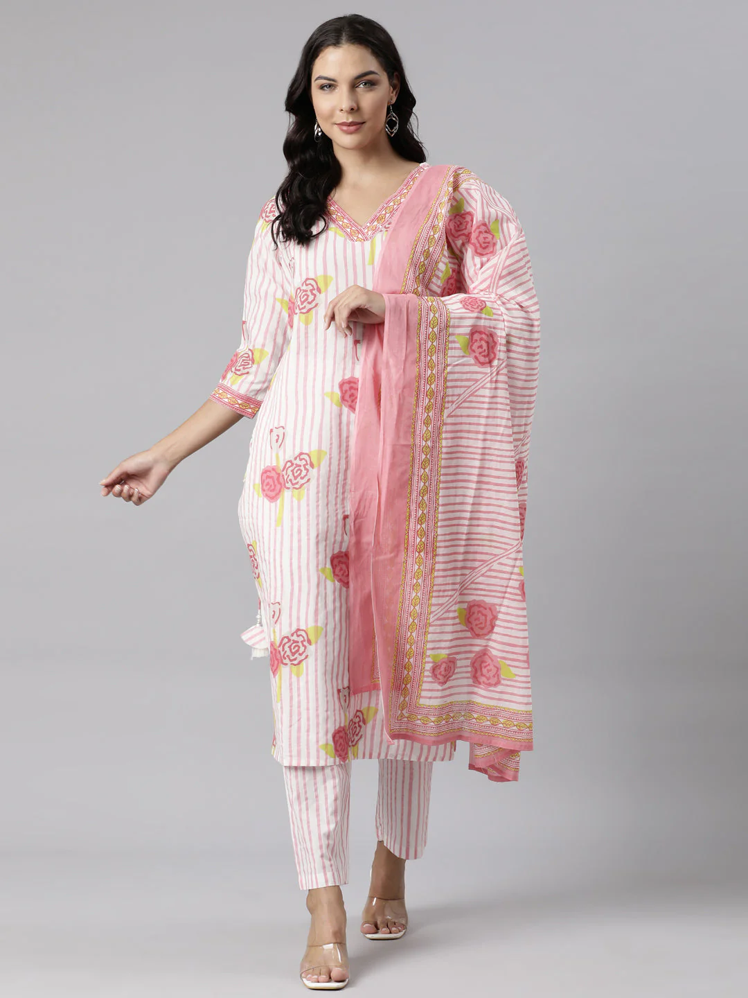 Neerus Pink Panelled Straight Printed Kurta And Trousers With Dupatta - Image 6