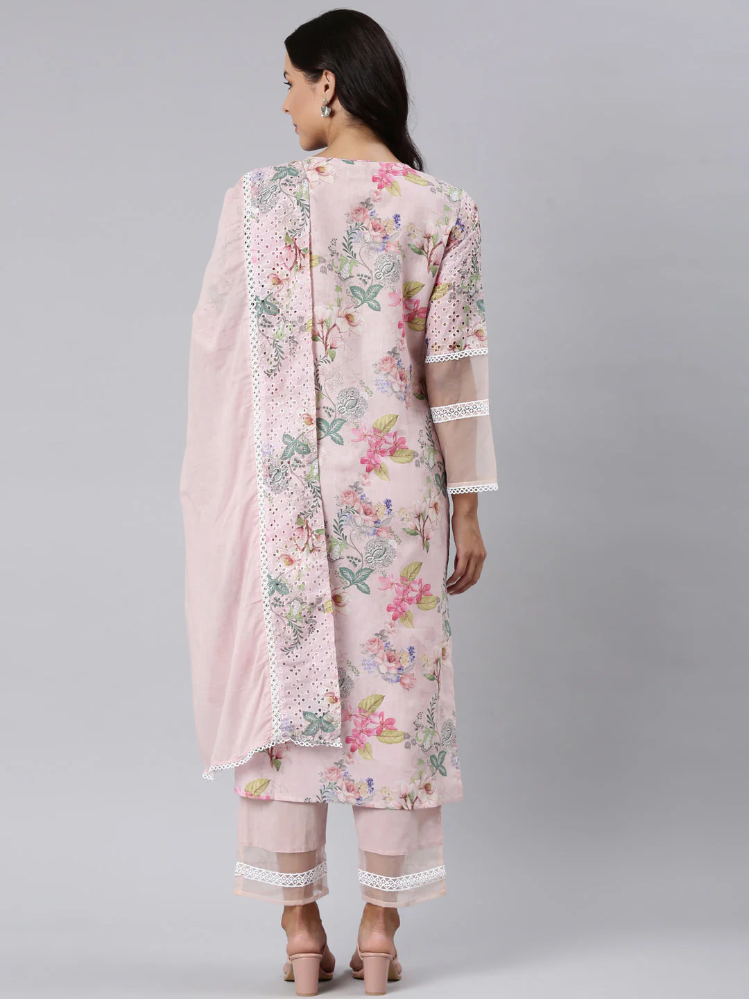 Neerus Pink Panelled Straight Printed Kurta And Trousers With Dupatta - Image 4