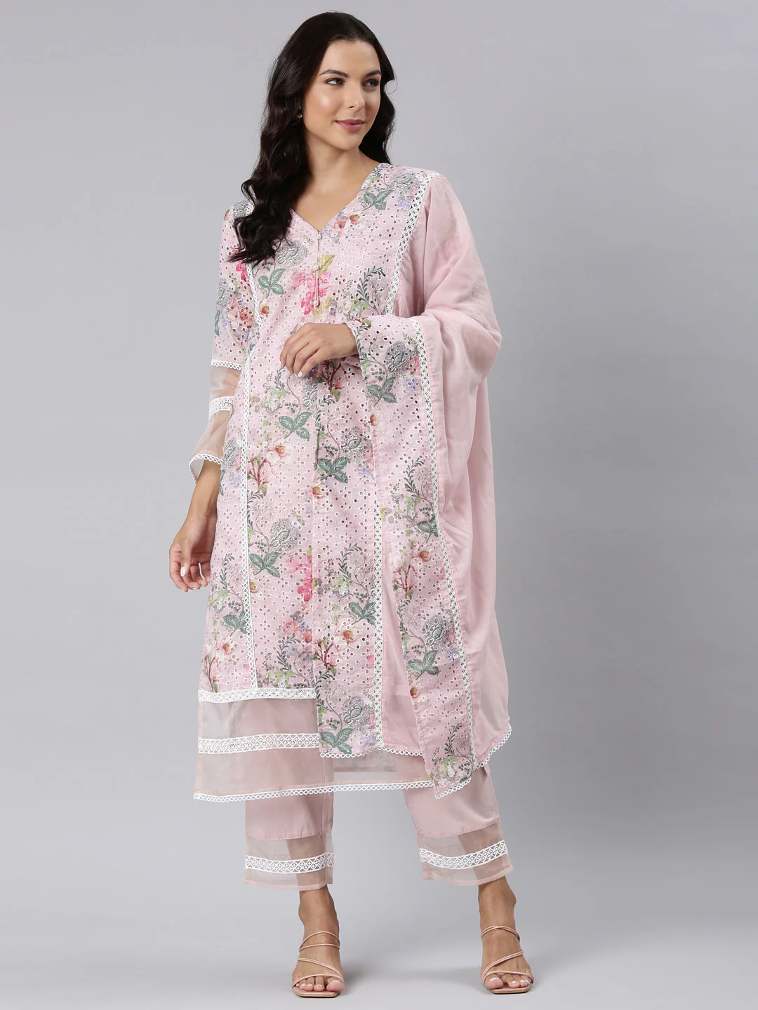 Neerus Pink Panelled Straight Printed Kurta And Trousers With Dupatta - Image 6