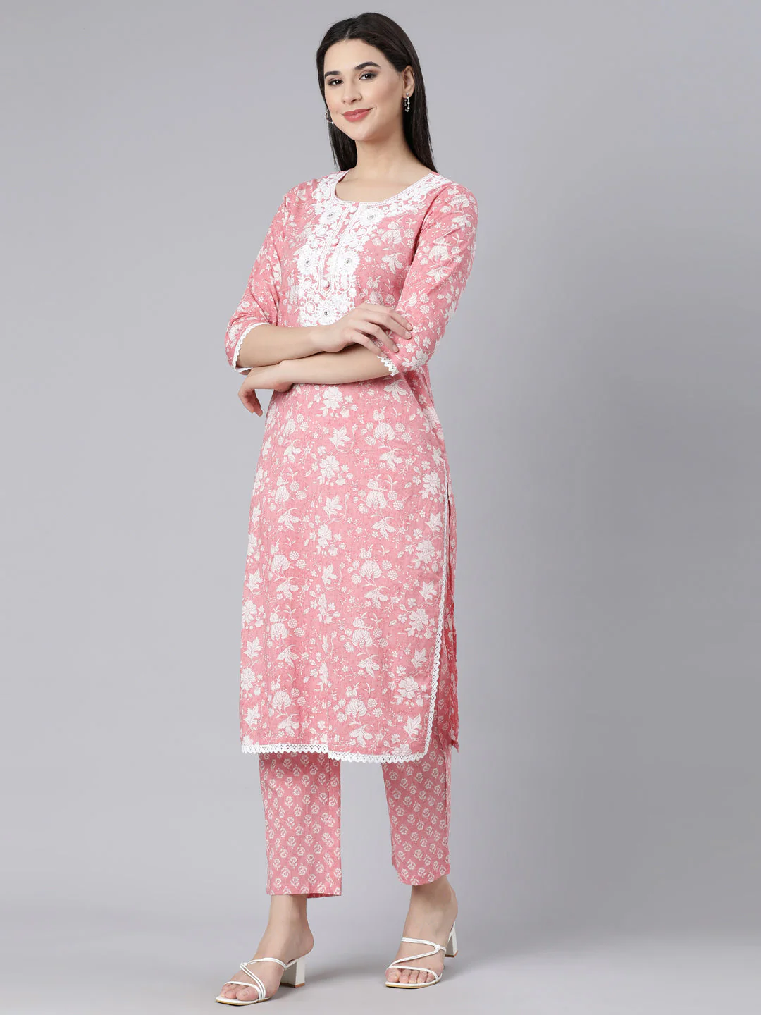 Neerus Pink Panelled Straight Printed Kurta And Trousers With Dupatta - Image 2