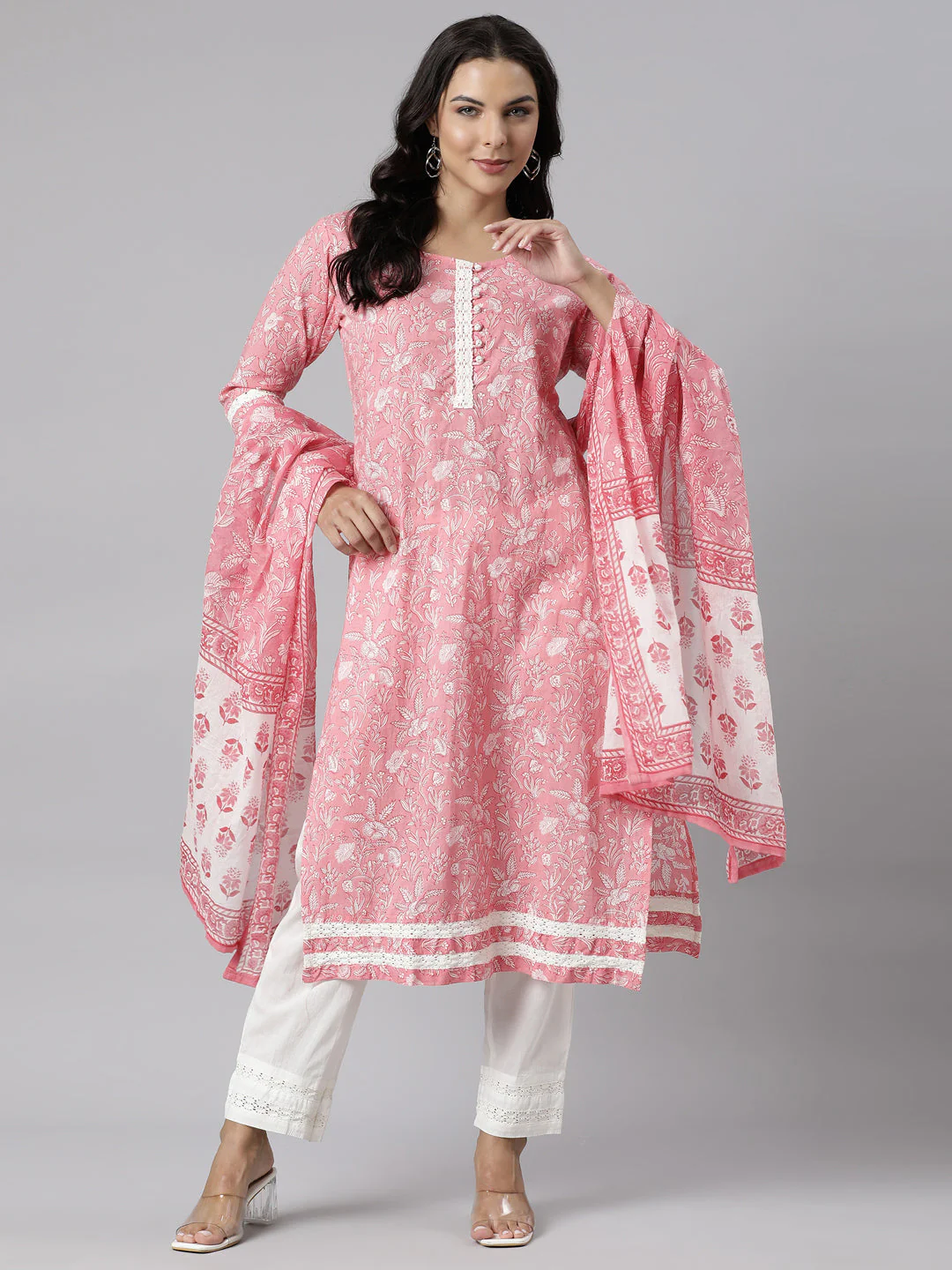 Neerus Pink Panelled Straight Printed Kurta And Trousers With Dupatta - Image 6