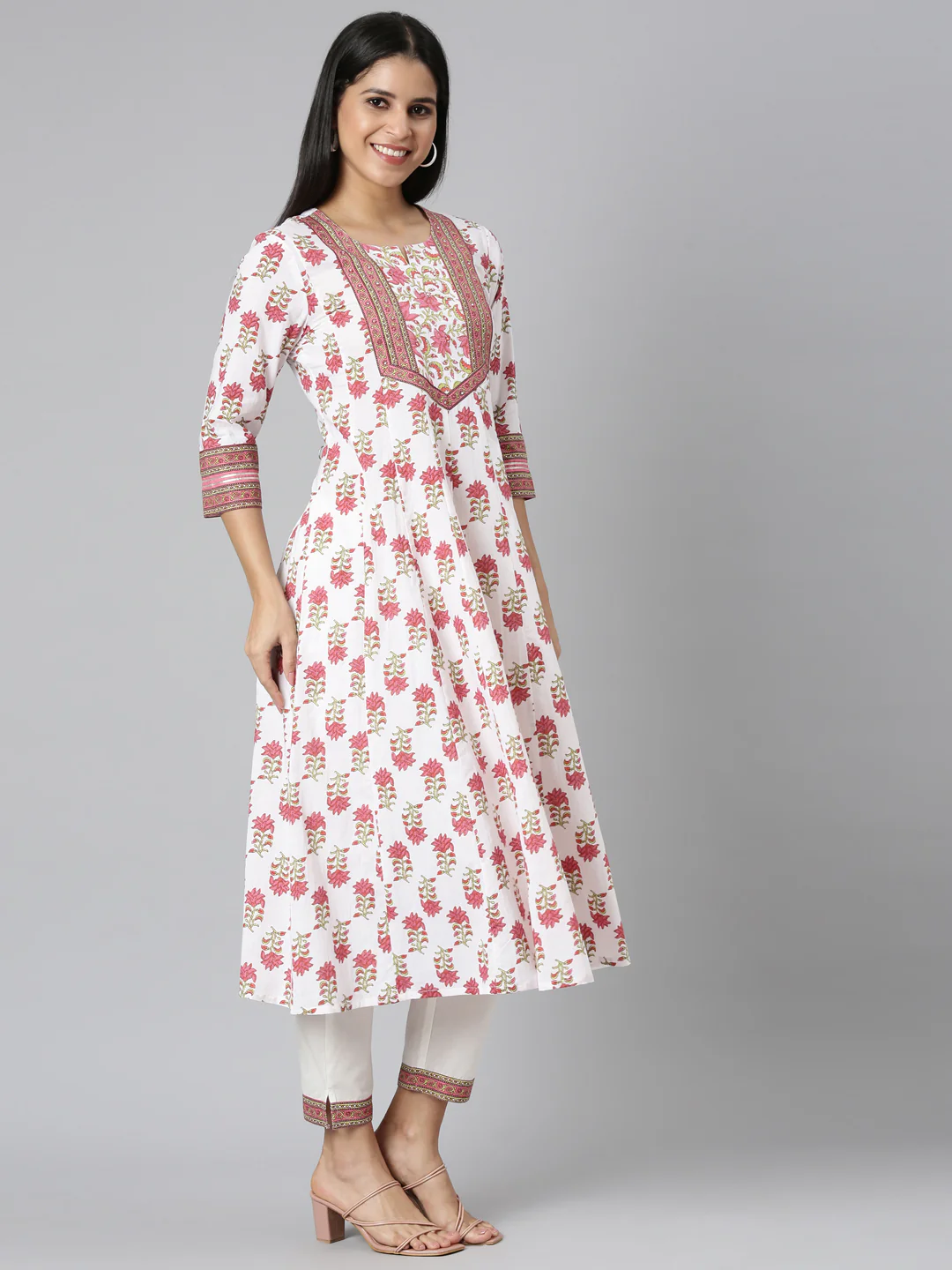 Neerus Pink Panelled Straight Solid Kurta and Trousers With Dupatta - Image 2