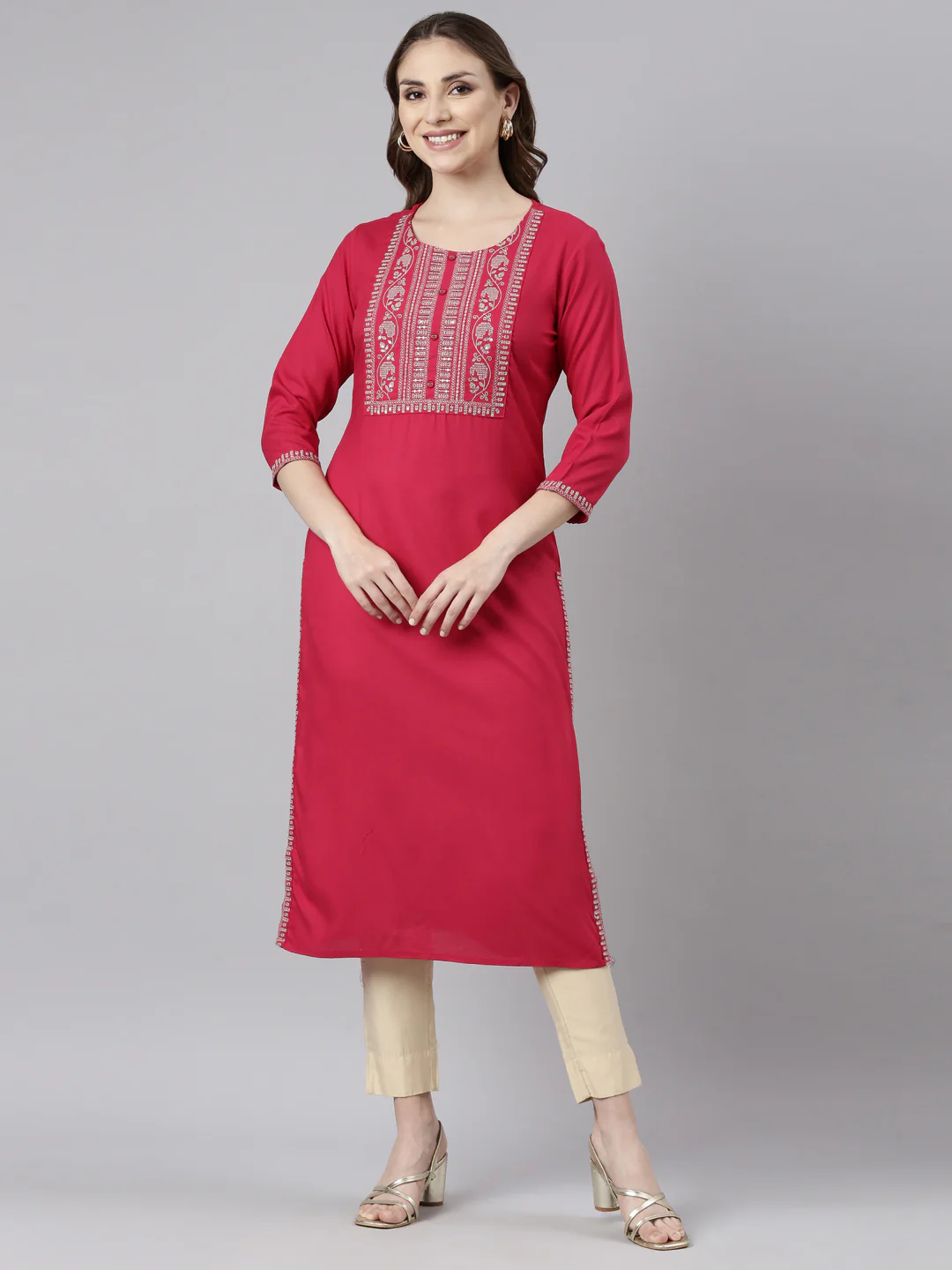 Neerus Pink Panelled Straight Solid Kurta