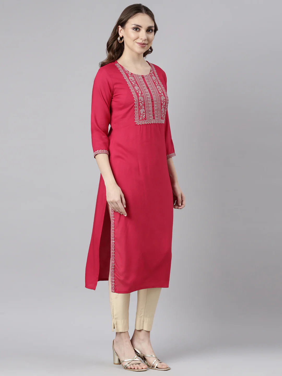 Neerus Pink Panelled Straight Solid Kurta - Image 2