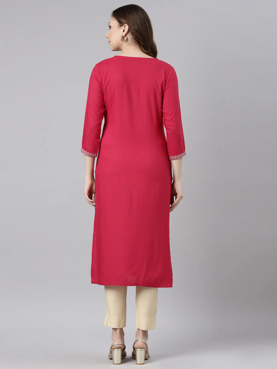 Neerus Pink Panelled Straight Solid Kurta - Image 3