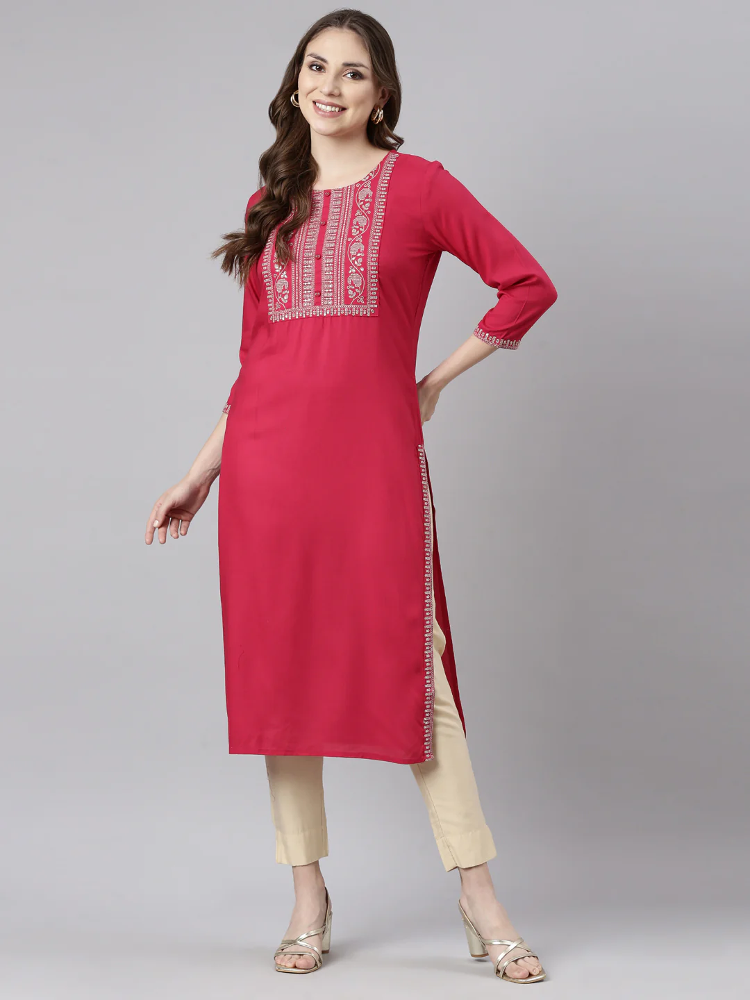 Neerus Pink Panelled Straight Solid Kurta - Image 4