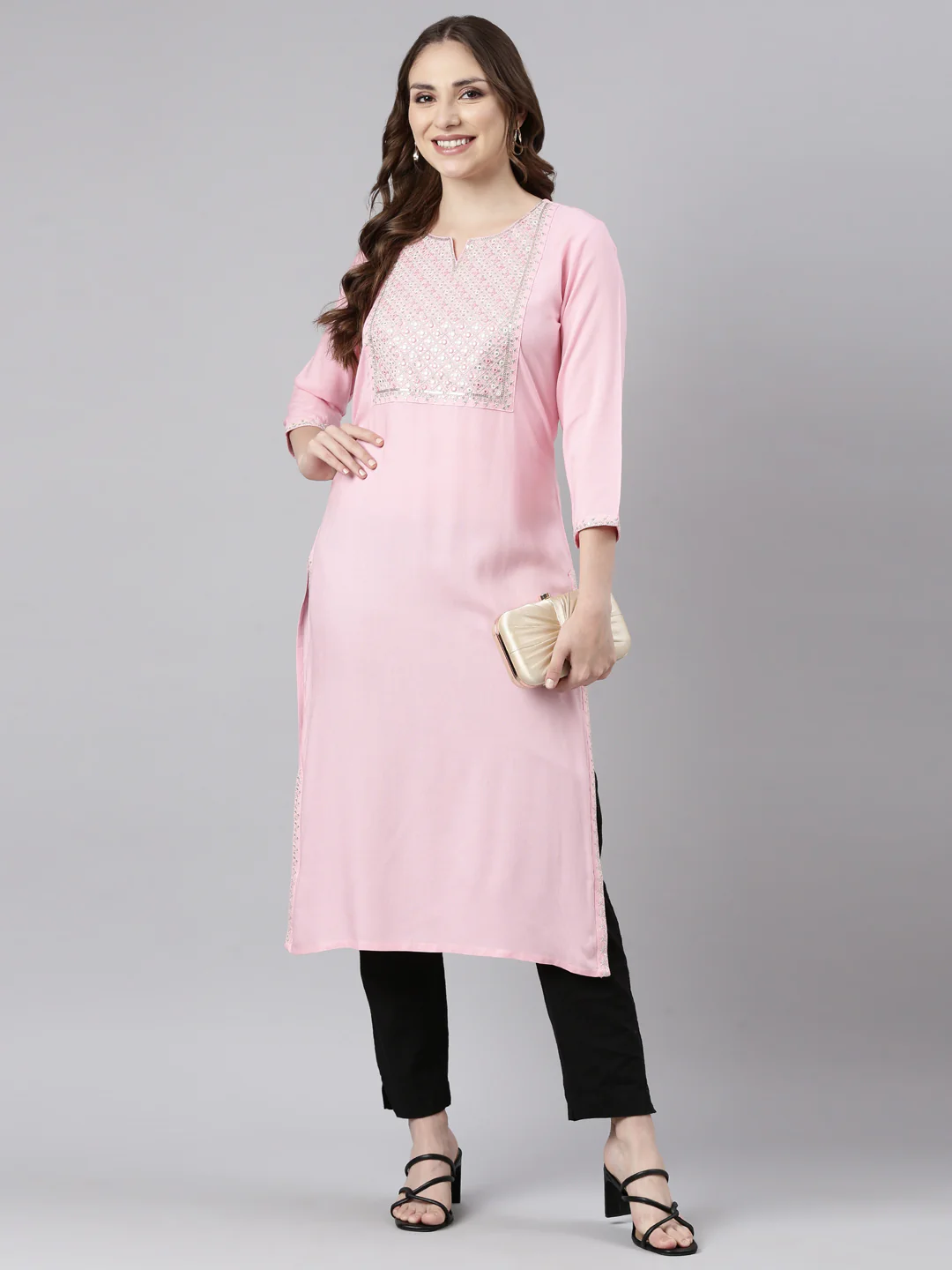 Neerus Pink Panelled Straight Solid Kurta - Image 4