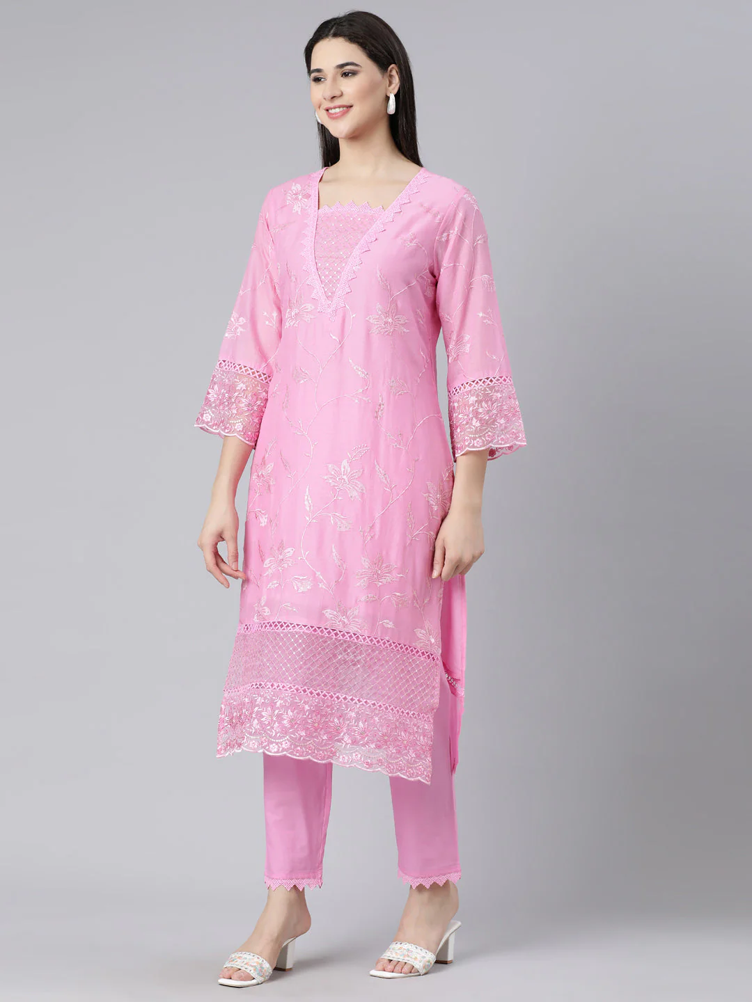 Neerus Pink Panelled Straight Yoke Design Kurta And Trousers With Dupatta - Image 2