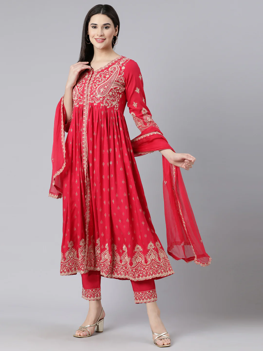 Neerus Pink Panelled Straight Yoke Design Kurta And Trousers With Dupatta - Image 5