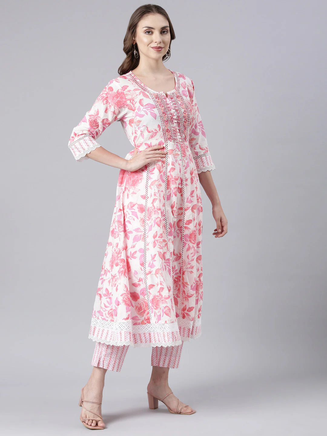 Neerus Pink Panelled Yoke Design Kurta And Trousers With Dupatta - Image 3