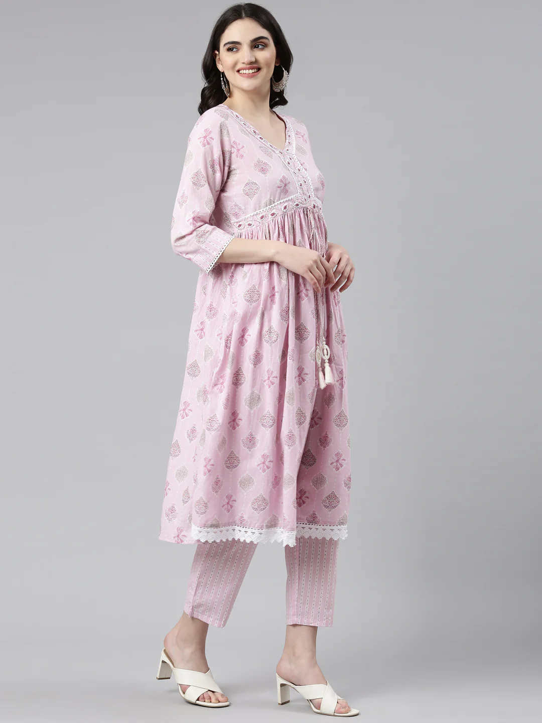 Neerus Pink Pleated Anarkali Printed Kurta And Trousers With Dupatta - Image 2