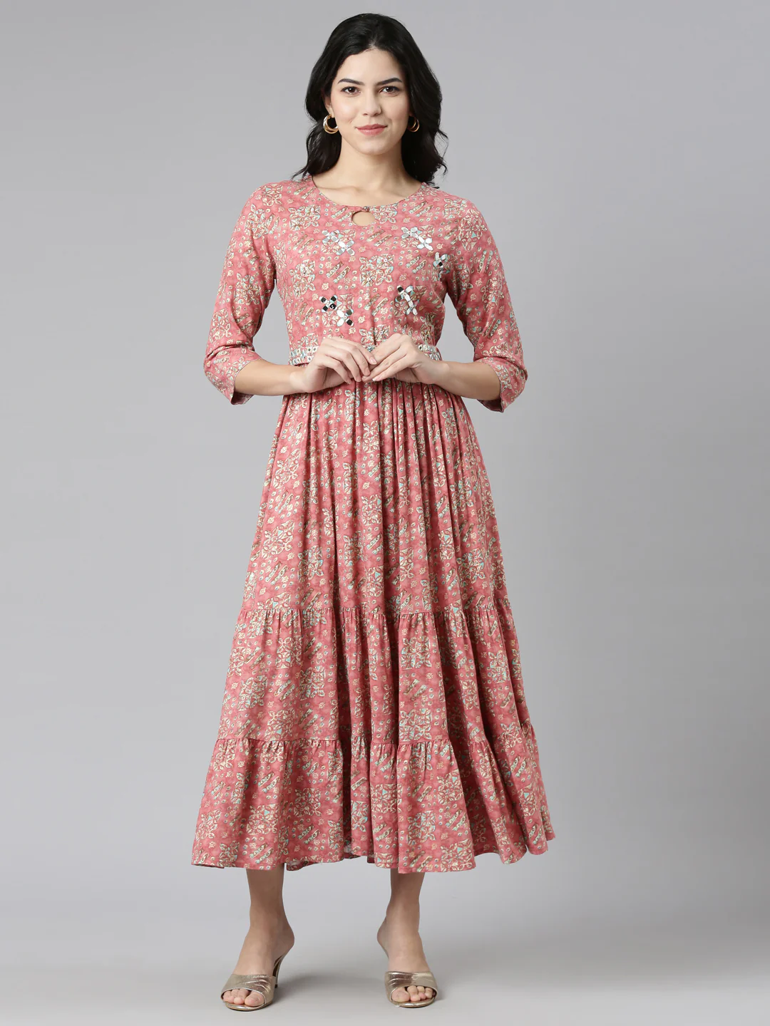 Neerus Pink Pleated Anarkali Printed Kurta