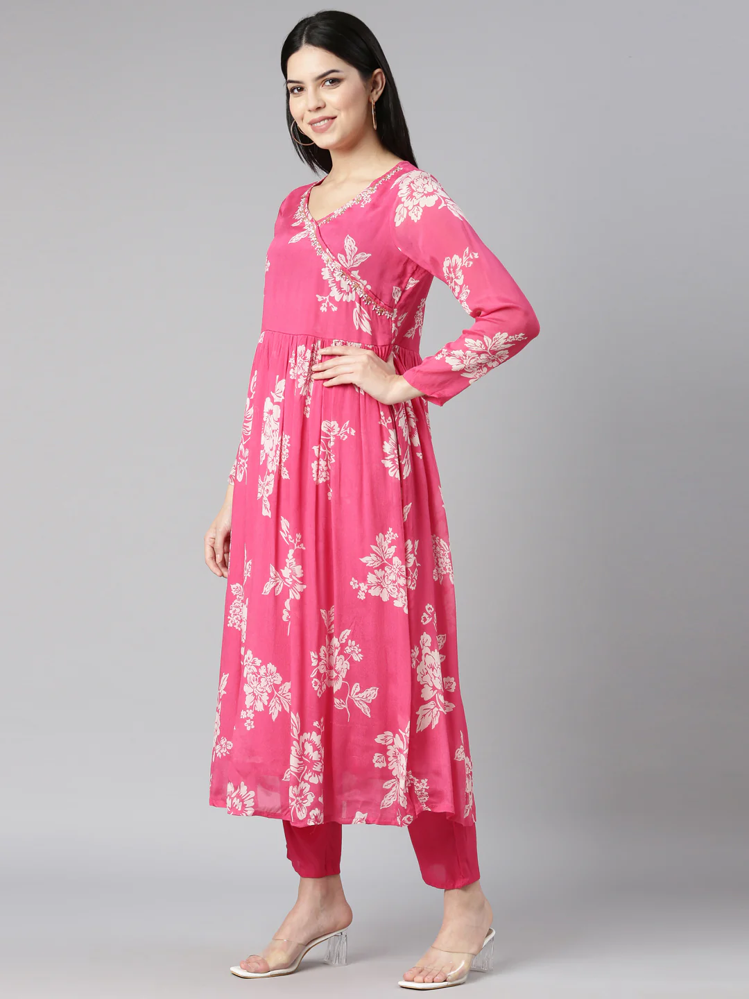 Neerus Pink Pleated Flared Floral Kurta And Trousers With Dupatta - Image 2