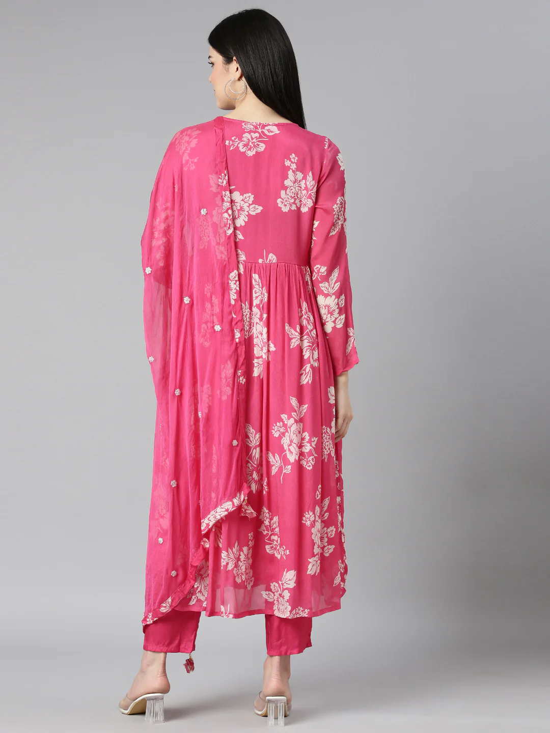 Neerus Pink Pleated Flared Floral Kurta And Trousers With Dupatta - Image 3