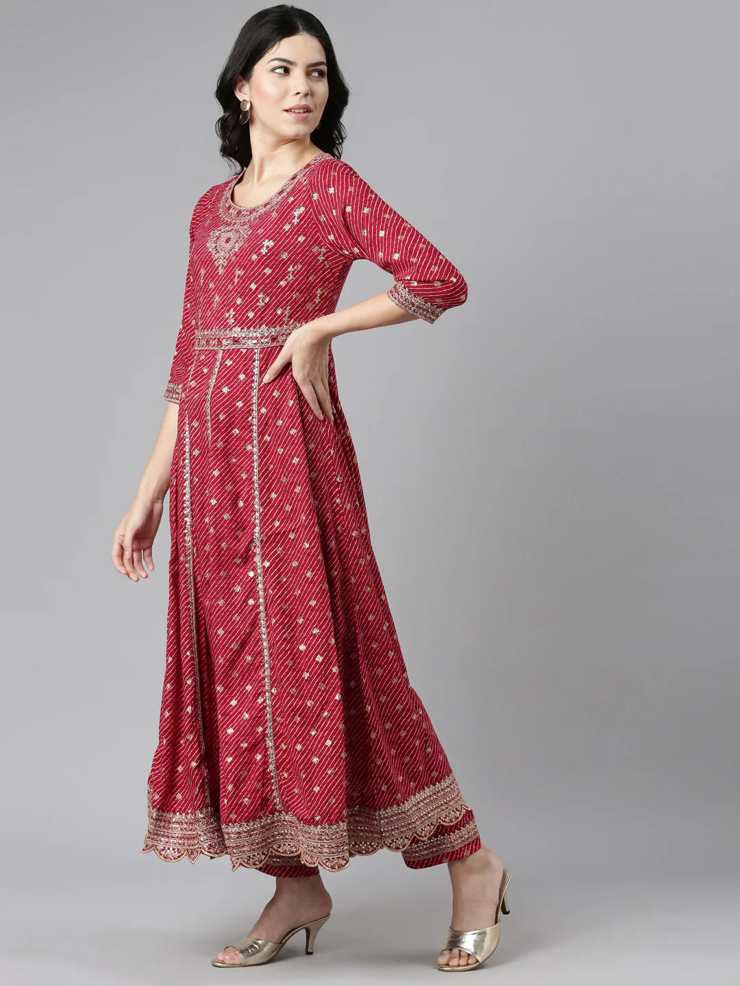 Neerus Pink Pleated Straight Embroidered Kurta And Trousers With Dupatta - Image 2