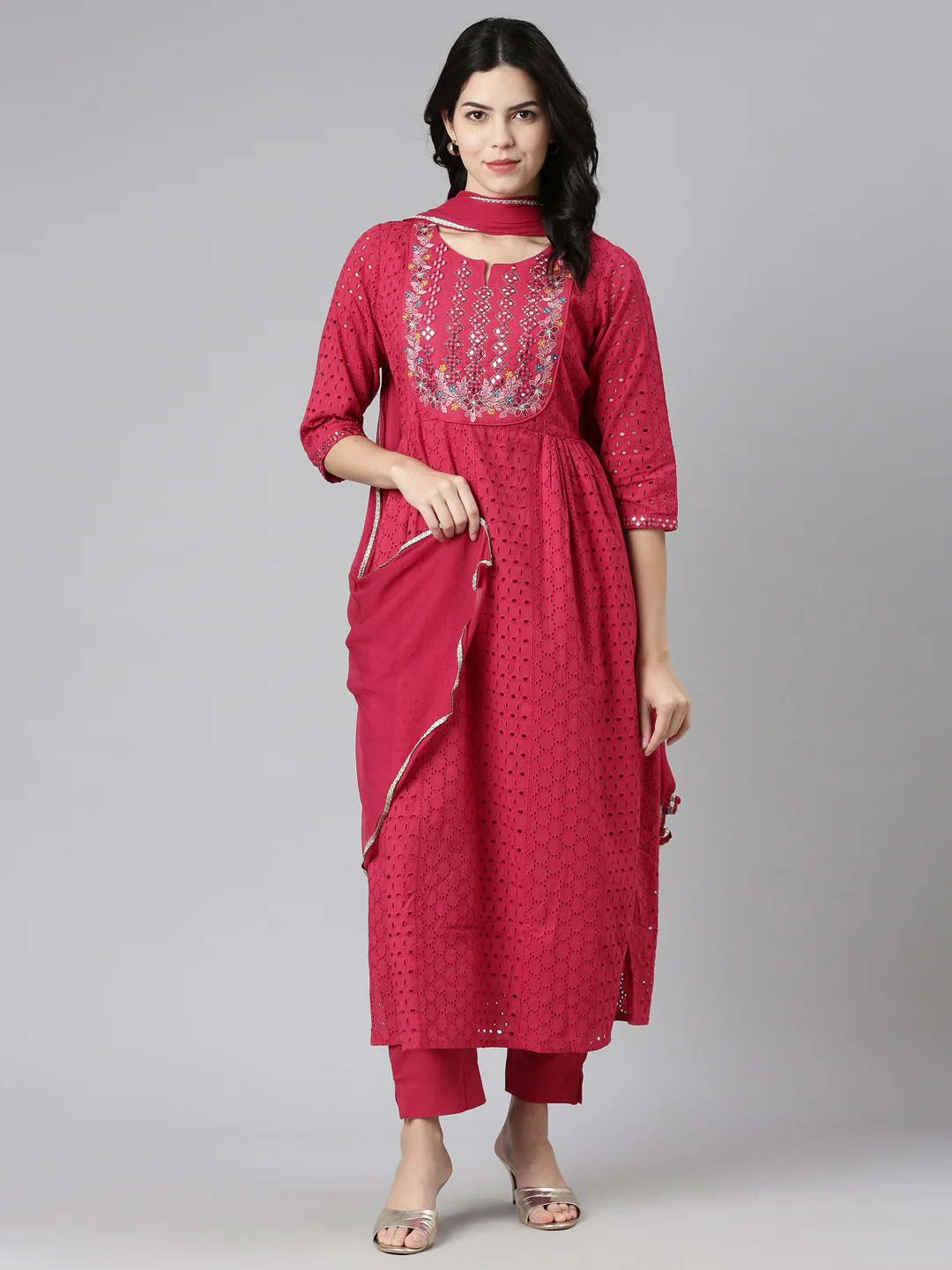 Neerus Pink Pleated Straight Embroidered Kurta And Trousers With Dupatta - Image 5