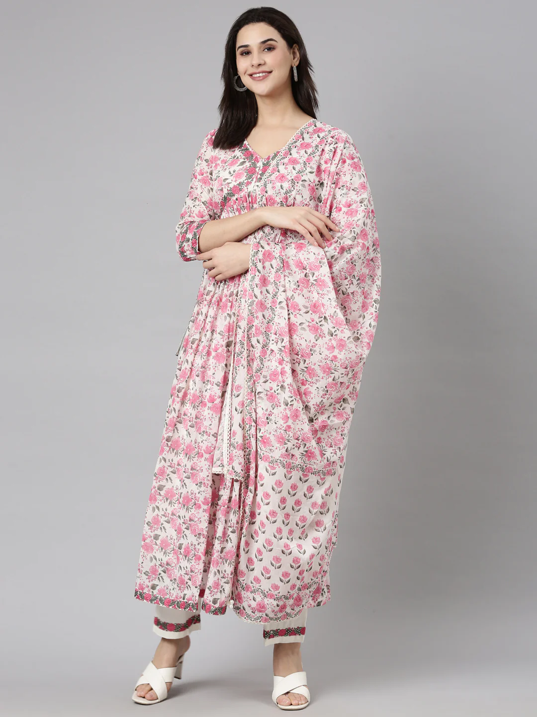 Neerus Pink Pleated Straight Floral Kurta And Trousers With Dupatta - Image 5