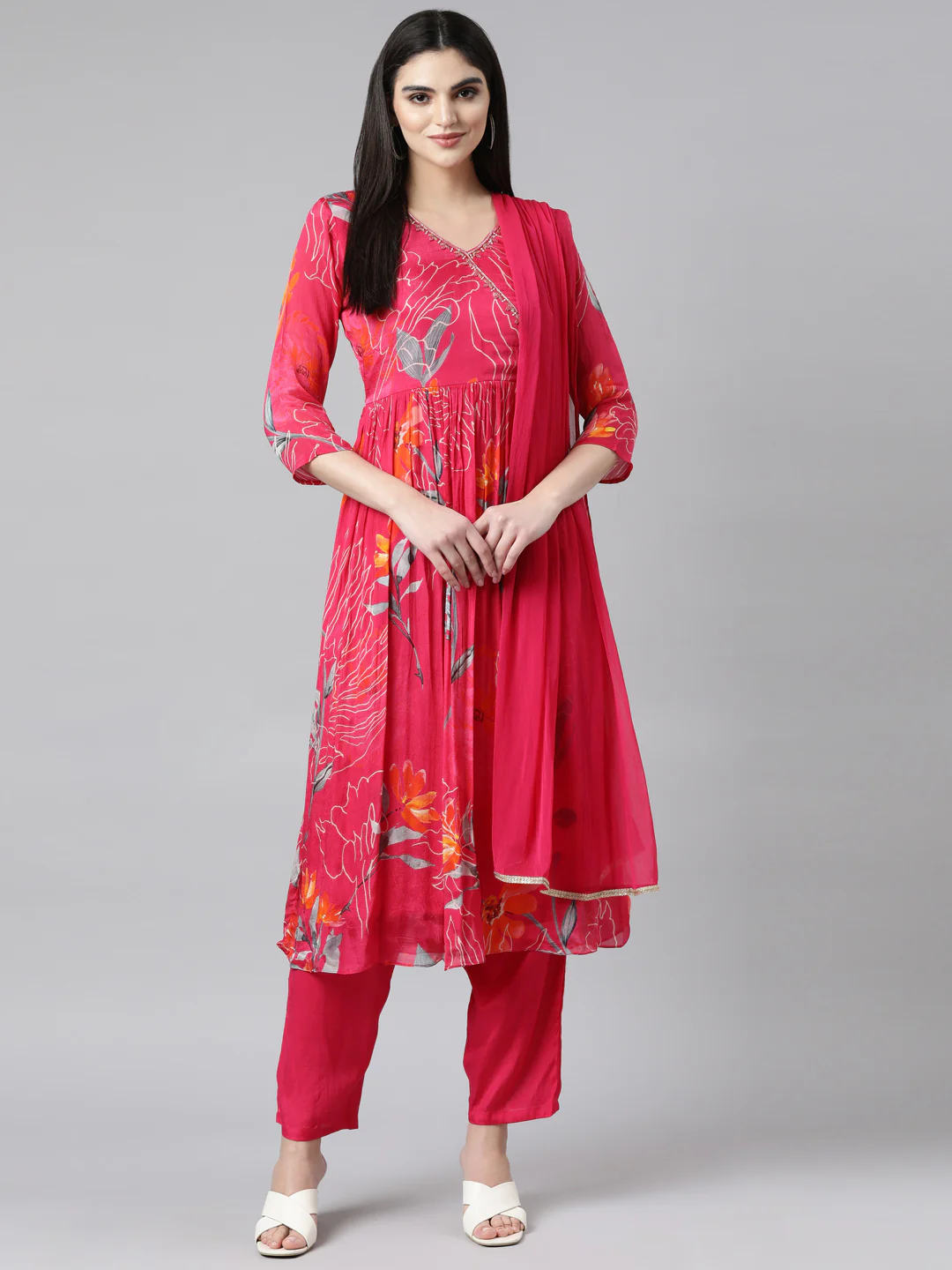 Neerus Pink Pleated Straight Floral Kurta And Trousers With Dupatta - Image 5