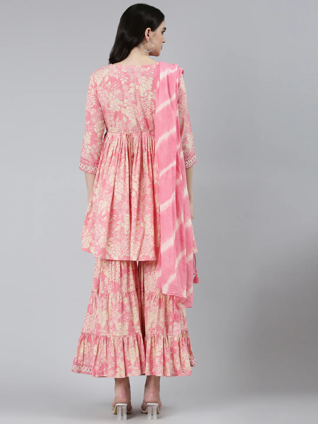 Neerus Pink Pleated Straight Floral Kurta Sets And Sharara With Dupatta - Image 3