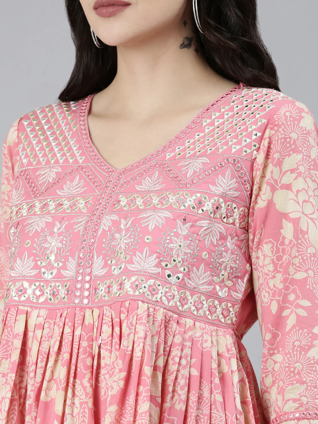 Neerus Pink Pleated Straight Floral Kurta Sets And Sharara With Dupatta - Image 4