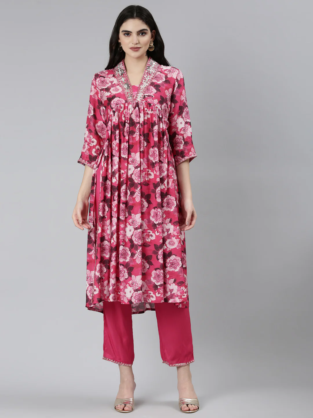 Neerus Pink Pleated Straight Floral Kurta Sets And Trousers