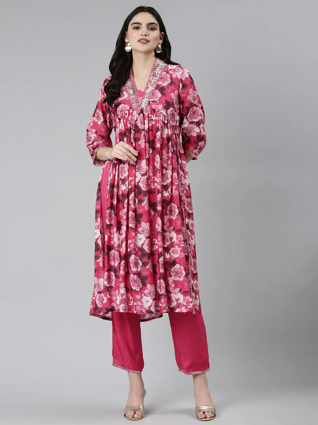Neerus Pink Pleated Straight Floral Kurta Sets And Trousers - Image 5