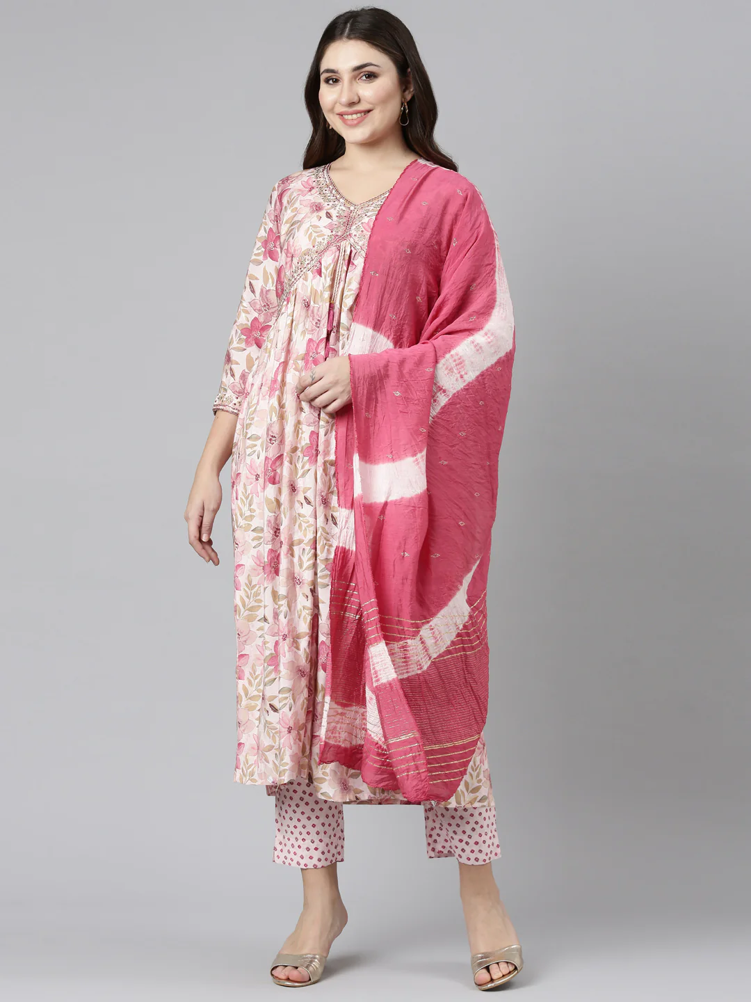 Neerus Pink Pleated Straight Printed Kurta And Trousers With Dupatta