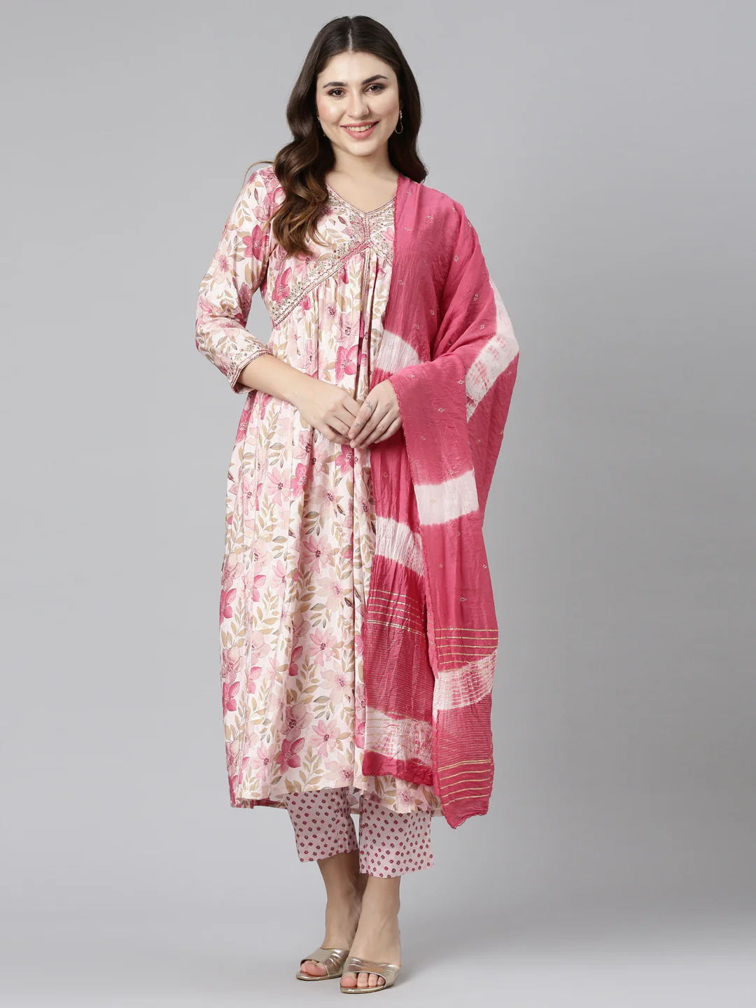 Neerus Pink Pleated Straight Printed Kurta And Trousers With Dupatta - Image 5